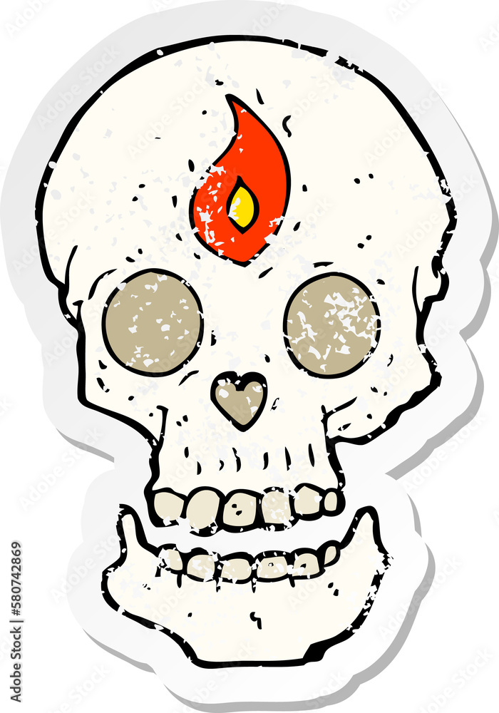 retro distressed sticker of a cartoon mystic skull retro distressed sticker of a cartoon mystic skull
