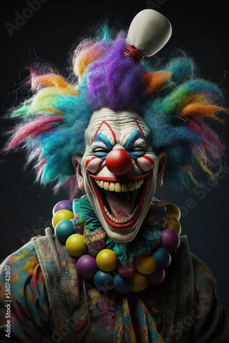 Close up of scary smiling clown in multi coloured wig, created using generative ai technology