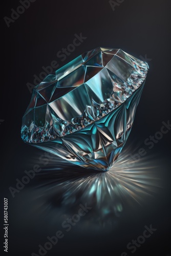 Close up of cut diamond with blue tint on black background, created using generative ai technology