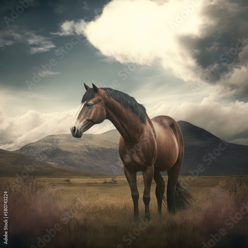 Brown horse standing in field, created using generative ai technology © Future Vision