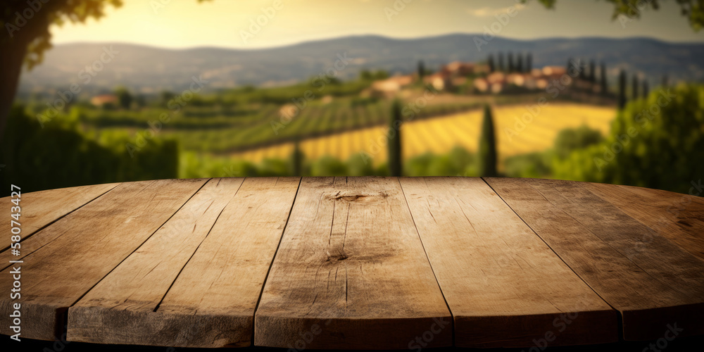 An empty wooden table for product display. blurred french vineyard in the background. Generative ai An empty wooden table for product display. blurred french vineyard in the background. Generative ai