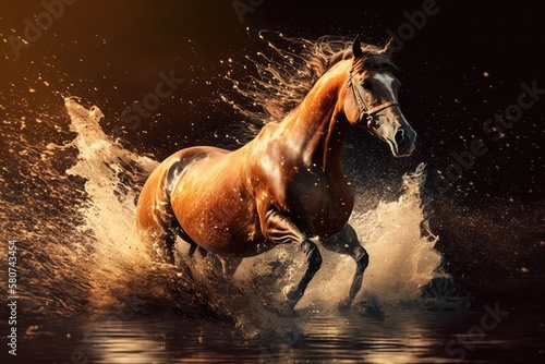 Brown horse running in water, created using generative ai technology
