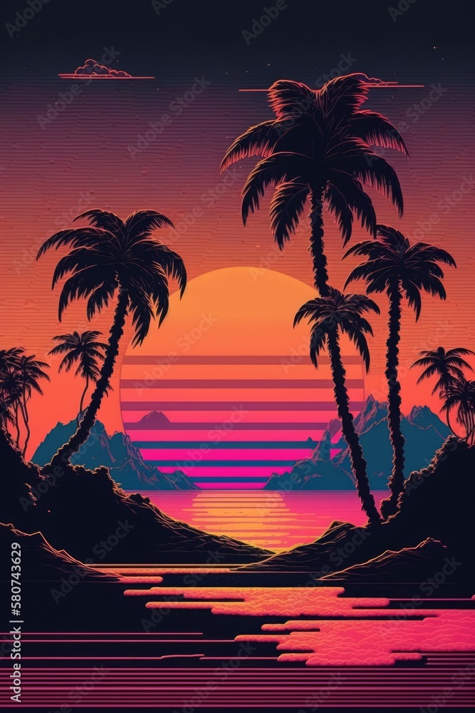 Vaporwave landscape with mountains, sea, sun and palm trees, created using generative ai technology