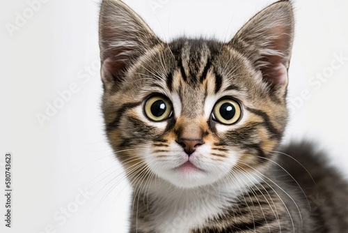 A picture of a small cat looking at the camera. Against a white background. Generative AI © AkuAku