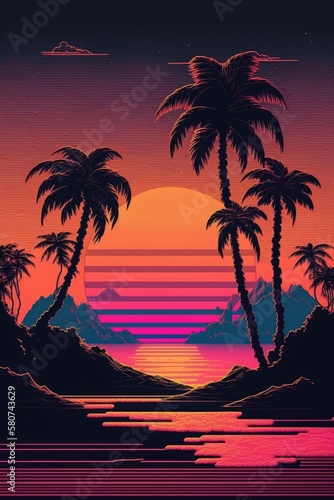 Vaporwave landscape with mountains, sea, sun and palm trees, created using generative ai technology