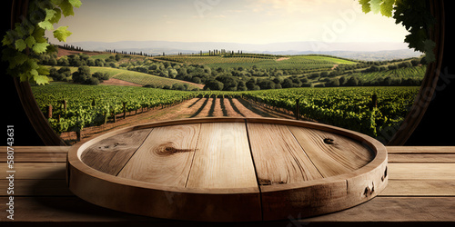 An empty wooden table for product display. blurred french vineyard in the background. Generative ai