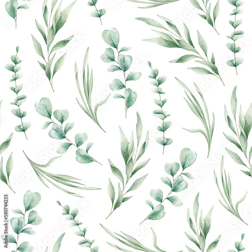 Watercolor seamless pattern with eucalyptus leaves and green grass. Isolated on white background. Hand drawn clipart. Perfect for card  fabric  tags  invitation  printing  wrapping. 