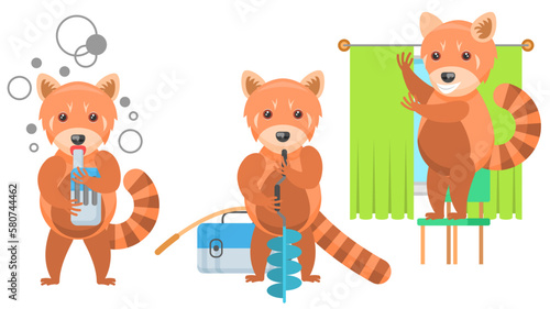 Fototapeta Naklejka Na Ścianę i Meble -  Set Abstract Collection Flat Cartoon Different Animal Red Pandas A Fisherman Makes A Hole With A Hand Drill, Hangs Curtains, Smokes Vape Vector Design Style Elements Fauna Wild