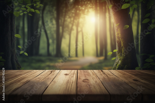 Old wooden table for product advertising display in fresh green forest blurred background. Product montage . AI generative technology.