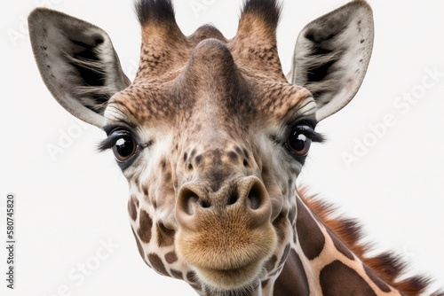 Funny Giraffe in close up on a white background. Generative AI