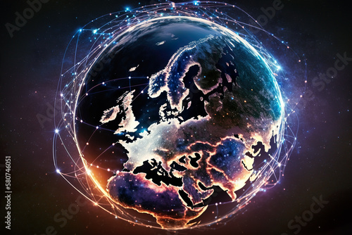 With a global internet network with communication technology connected to Europe. Telecommunications and data transmission connection systems. IT, Finance, Business, Blockchain, Security Network.By AI