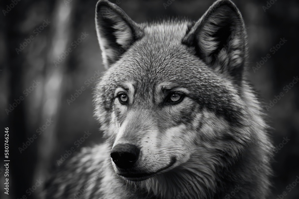 A close up black and white picture of a female grey wolf. Square image. The animals in the forest are both beautiful and dangerous. Generative AI A close up black and white picture of a female grey wolf. Square image. The animals in the forest are both beautiful and dangerous. Generative AI