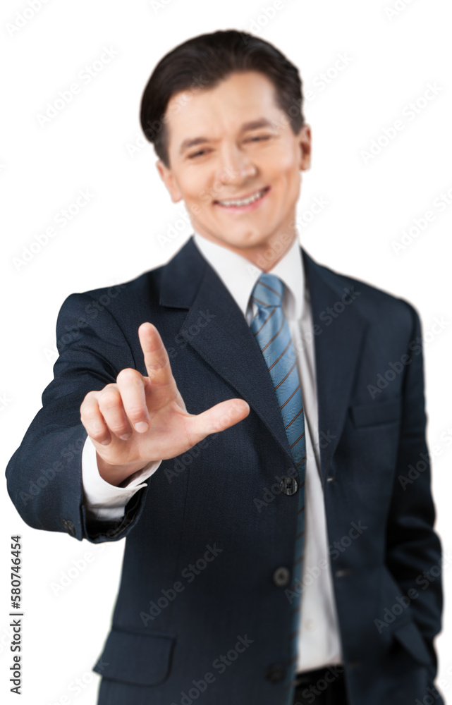Business man touch fingers in virtual screen Business man touch fingers in virtual screen