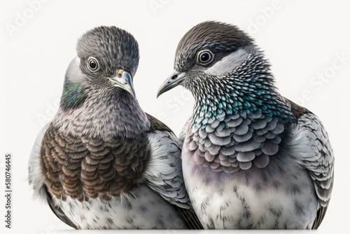 Two German Modena pigeons on a white background. Generative AI