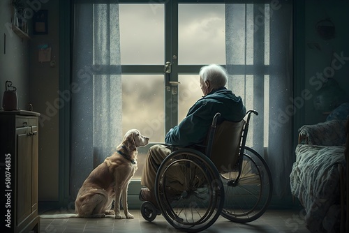 Lonely and sad old person on wheelchair in nursing home looking out window with pet dog, Generative AI © Anupam
