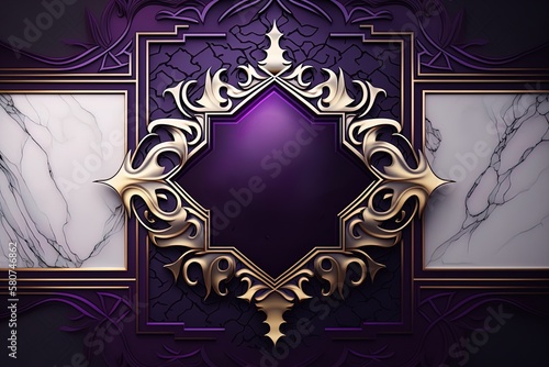 Ramadan Kareem template with golden frame with empty space with marble purple background with muslim ornament