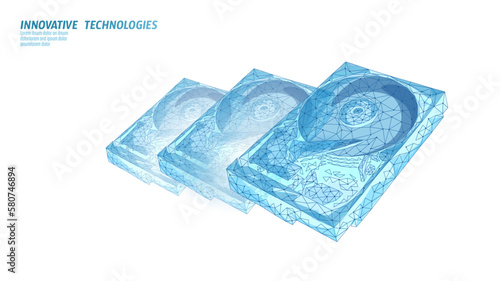 HDD hard disk drive file hardware. 3D low poly information storage record system IT technology computer vector illustration