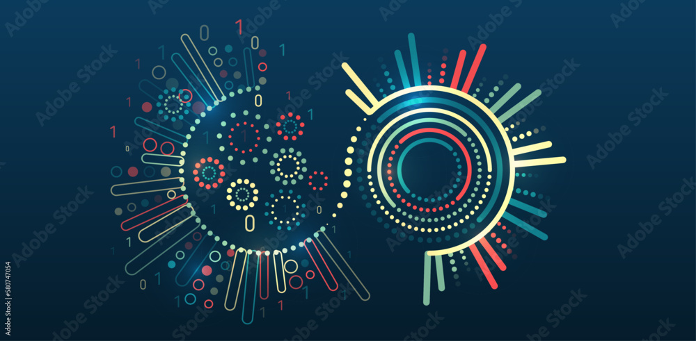 Fototapeta premium Business analytics. The flow of information in the form of waves and particles. Visualization of a large amount of data. Abstract transformation of information. Processing sorting data fragmentation.