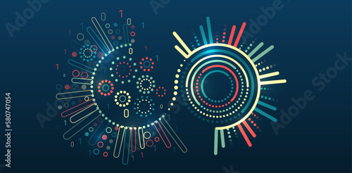 Business analytics. The flow of information in the form of waves and particles. Visualization of a large amount of data. Abstract transformation of information. Processing sorting data fragmentation.