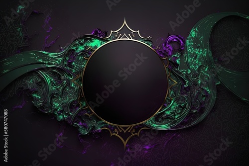 Ramadan Kareem template with golden circle frame with empty space with green emerald and black purple marble white background. for eid mubarak design. photo