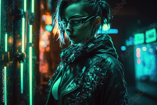 AI woman cyber stands with her smart glasses on night futuristic metropolis street. AI generated