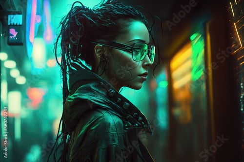 AI woman cyber stands with her smart glasses on night futuristic metropolis street. AI generated