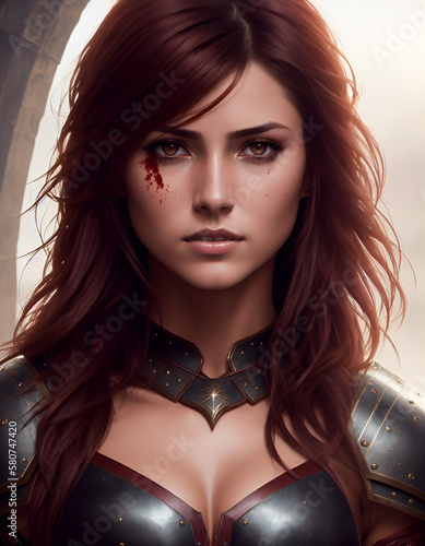 Digital painting of a female fantasy character. Messy dark red hair and beautiful face with blood. Generative Ai