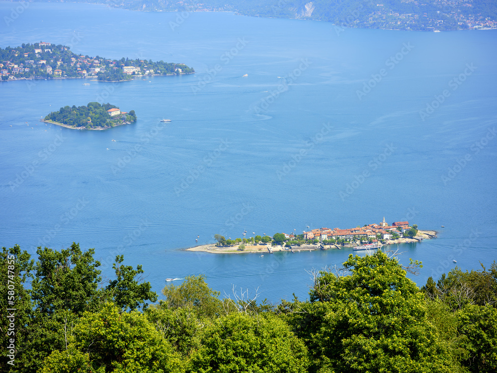 View from the hills of Stresa, in the background the city of Verbania, Lake Maggiore with Isola Madre, Isola dei Pescatori.