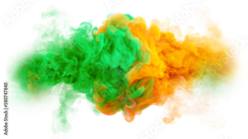 Green and Orange colores smoke texture on a dark background. Irish duo colors. 3D render abstract art for Saint Patricks Day or other fan party