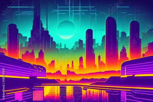 Retro background night city landscape 1980s style. 80s Sci-Fi. Futuristic background retro wave.Cyberpunk and retro wave style illustration 8k - generative ai