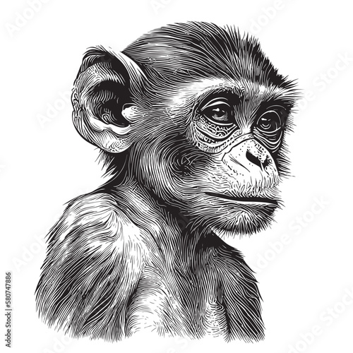 Fotografia Monkey portrait hand drawn sketch illustration, Wild animals