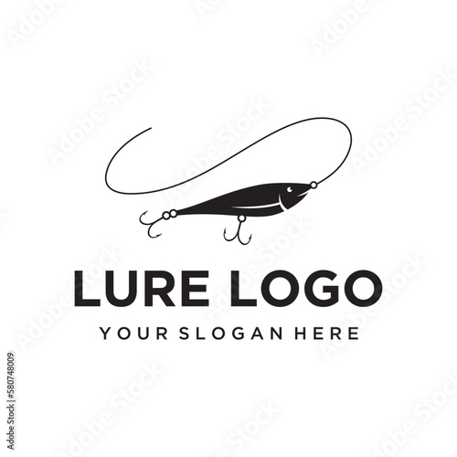 Logo design of fishing bait or fishing lure with hook and fishing rod.Logo for fishing shop, tournament and angler.