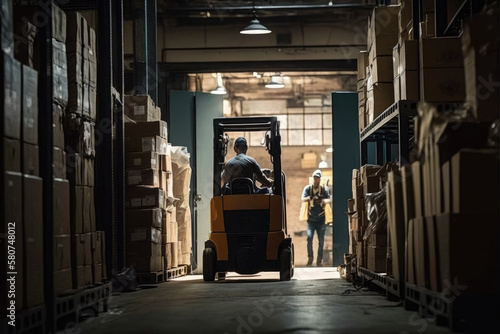 Man driving forklift at aisle of mega modern warehouse, AI generated © Nattawat