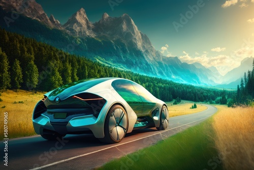 EV (Electric Vehicle) electric car is driving on a winding road that runs through a verdant forest and mountains. Clean Energy, Nature Scene, AI generated © Nattawat