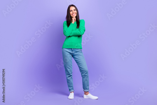Full length photo of young agent woman good mood touch chin hand arm educated person isolated purple color background