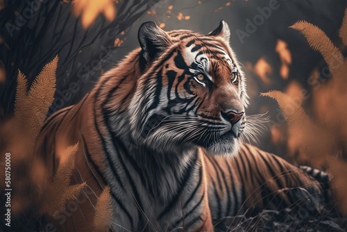Tiger in nature. Generative AI A digital painting of a tiger in a natural environment.