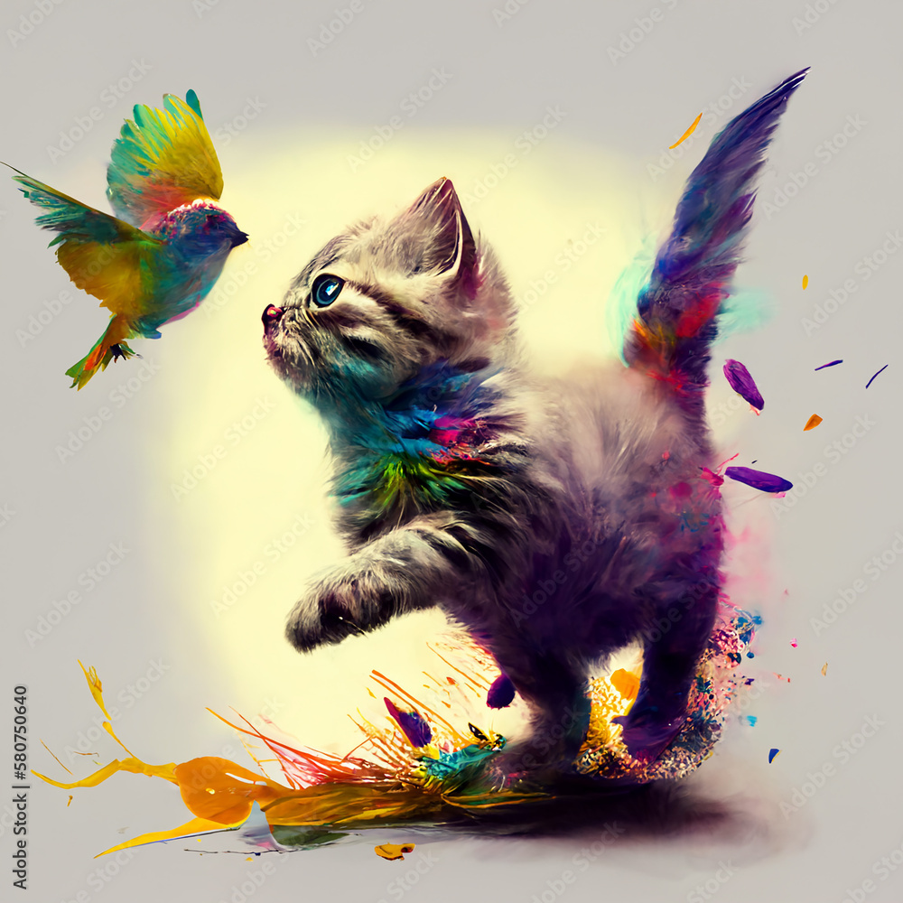 夢の中で鳥と遊ぶ子猫 / Kitten playing with bird in dream. generative ai