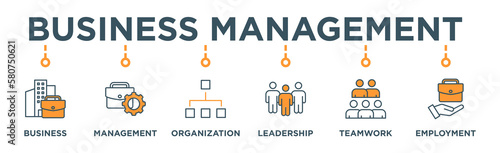 Business management banner web icon vector illustration concept with icon of business, management, organization, leadership, teamwork and employment