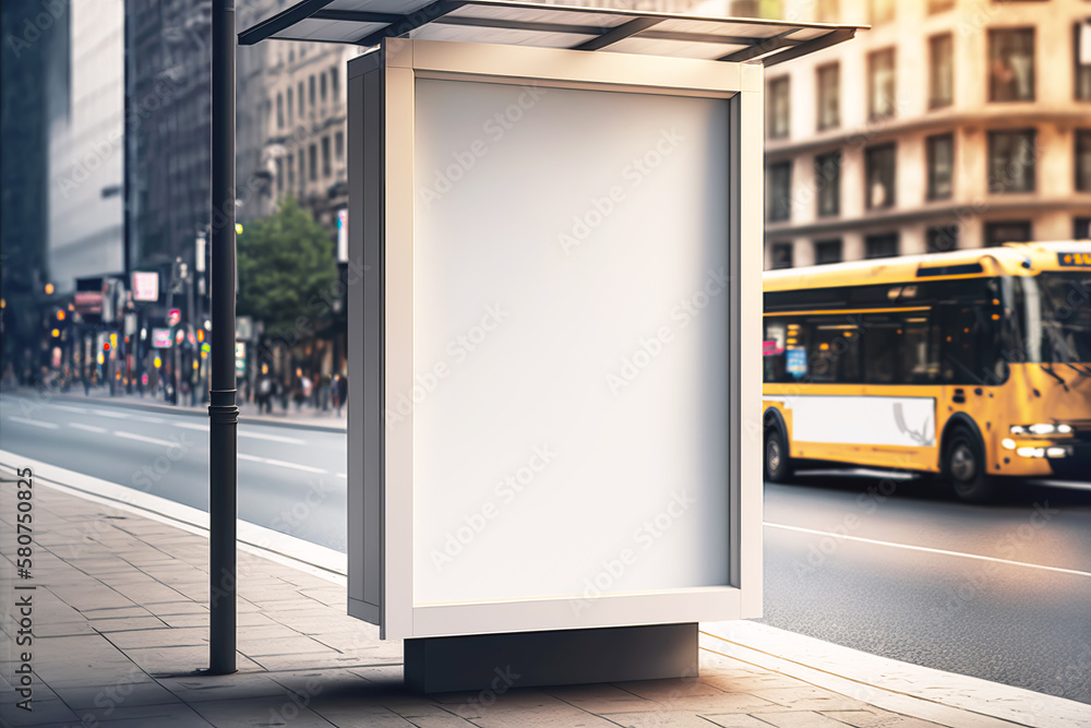 Blank mockup of vertical street billboard on blurred city background. Generative AI illustration Blank mockup of vertical street billboard on blurred city background. Generative AI illustration