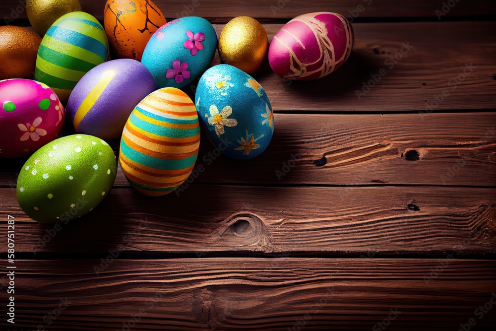 Easter eggs on wooden background. Generative AI. Easter eggs on wooden background. Generative AI.