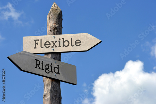 Flexible or rigid - wooden signpost with two arrows, sky with clouds