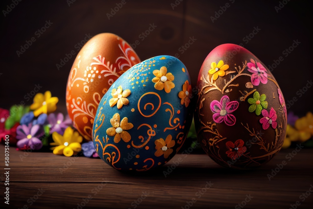 Easter eggs on wooden background. Generative AI. Easter eggs on wooden background. Generative AI.