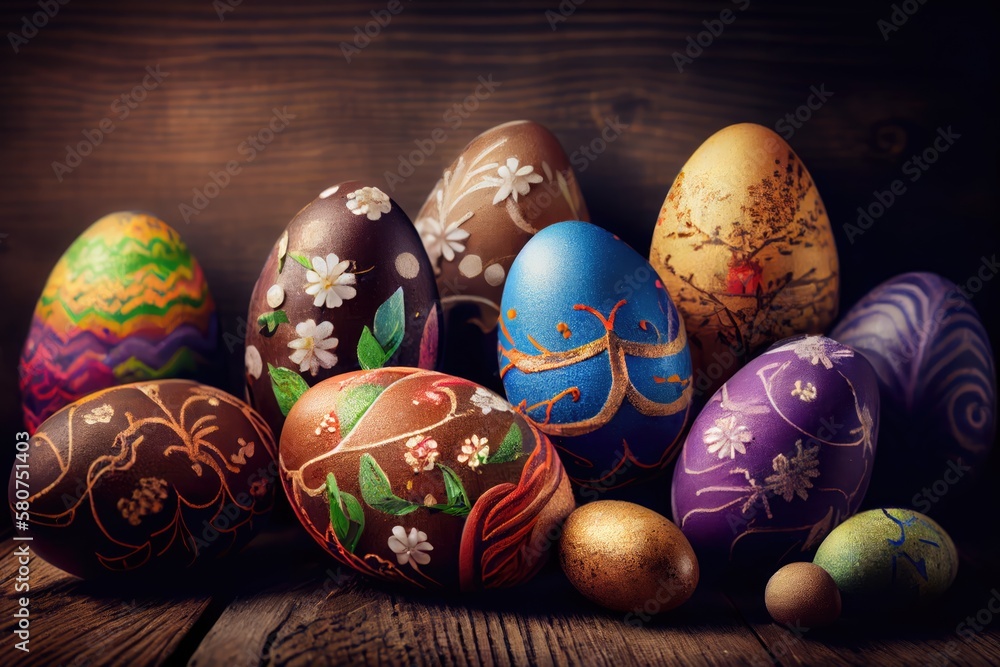 Easter eggs on wooden background. Generative AI.