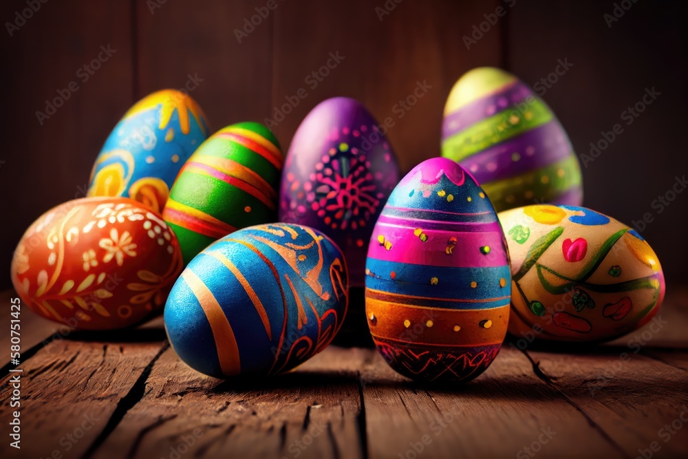 Fototapeta premium Easter eggs on wooden background. Generative AI.