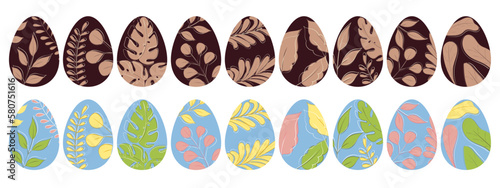 A set of chocolate and delicately coloured Easter eggs. A symbol of the religious feast in a flat style. Isolated object. A design element.