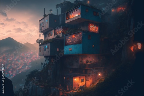 old houses on the hills in the evening at sunset AI