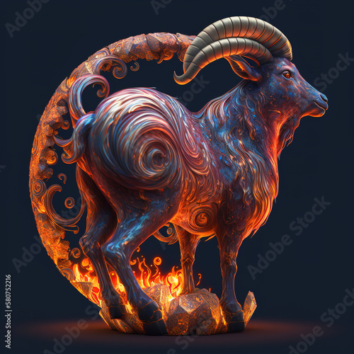 goat, mountain goat, horn, rounded, aesthetic, ornaments, chinese zodiac, zodiac, wood, wooden, fire style,, brown, portrait, in action, generative ai photo