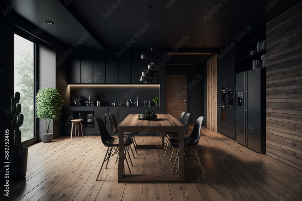 Modern dark kitchen and dining room interior with furniture and kitchenware, grey, black and wooden kitchen interior background, luxury kitchen, Generative AI Modern dark kitchen and dining room interior with furniture and kitchenware, grey, black and wooden kitchen interior background, luxury kitchen, Generative AI