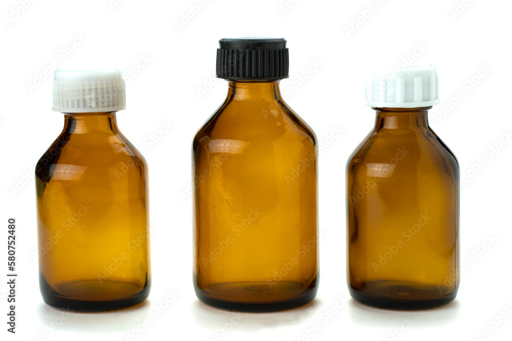 Medical medicine bottle with white and black cap isolated on white background. Medical medicine bottle with white and black cap isolated on white background.