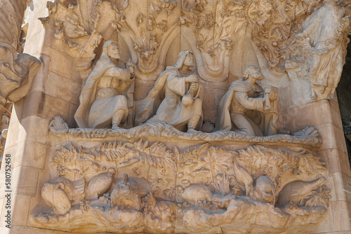 The statues on the Outer Facade of the Basilica of the Sagrada Familia  the Facade of Passion  Barcelona  Spain